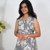 Grey floral cotton shirt dress(attached sleeves)