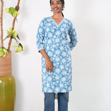 V neck cotton long kurti - Sky blue