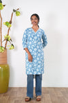 V neck cotton long kurti - Sky blue