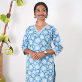 V neck cotton long kurti - Sky blue