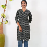 V neck cotton long kurti -Midnight Black