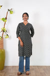 V neck cotton long kurti -Midnight Black
