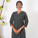 V neck cotton long kurti -Midnight Black