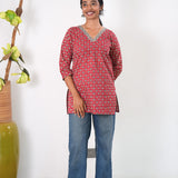 V neck cotton short kurti - Red ajrakh