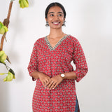 V neck cotton short kurti - Red ajrakh