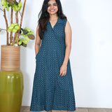 Peacock blue cotton shirt dress(attached sleeves)