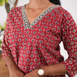 V neck cotton short kurti - Red ajrakh