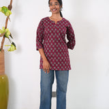 Round neck cotton short kurti - Plum