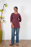Round neck cotton short kurti - Plum