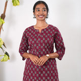 Round neck cotton short kurti - Plum
