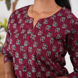 Round neck cotton short kurti - Plum