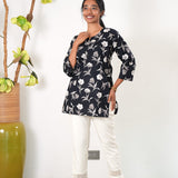Round neck cotton short kurti - Black