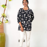 Round neck cotton short kurti - Black