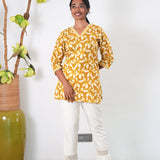V neck cotton short kurti - Mustard