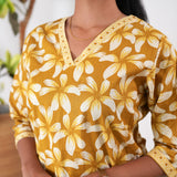 V neck cotton short kurti - Mustard