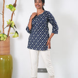 Round neck cotton short kurti - Midnight blue