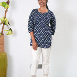 Round neck cotton short kurti - Midnight blue