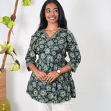 Peplum cotton short kurti - Dark green