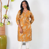 Round neck cotton long kurti - Mustard