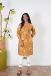 Round neck cotton long kurti - Mustard