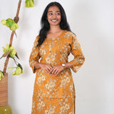 Round neck cotton long kurti - Mustard