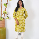 V neck cotton long kurti -Lime green