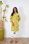 V neck cotton long kurti -Lime green