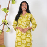 V neck cotton long kurti -Lime green
