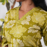 V neck cotton long kurti -Lime green