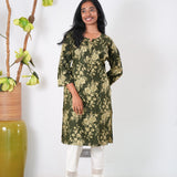 Round neck cotton long kurti - Olive green