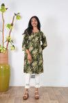 Round neck cotton long kurti - Olive green