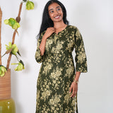 Round neck cotton long kurti - Olive green