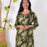 Round neck cotton long kurti - Olive green