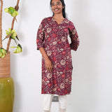 V neck cotton long kurti -Deep maroon