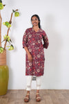 V neck cotton long kurti -Deep maroon