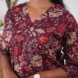V neck cotton long kurti -Deep maroon