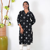 V neck cotton long kurti -Black