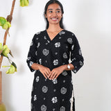 V neck cotton long kurti -Black