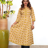 Olive green floral cotton anarkali kurti
