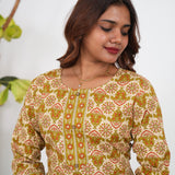 Olive green floral cotton anarkali kurti