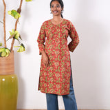 Round neck cotton long kurti - Red