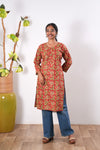 Round neck cotton long kurti - Red