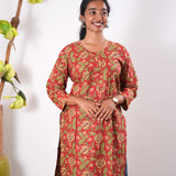 Round neck cotton long kurti - Red