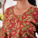 Round neck cotton long kurti - Red