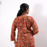 Round neck cotton long kurti - Red