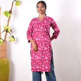 V neck cotton long kurti - Rani pink
