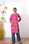 V neck cotton long kurti - Rani pink