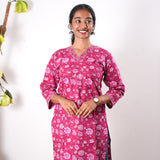 V neck cotton long kurti - Rani pink