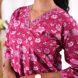 V neck cotton long kurti - Rani pink