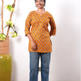Round neck cotton short kurti -Caramel